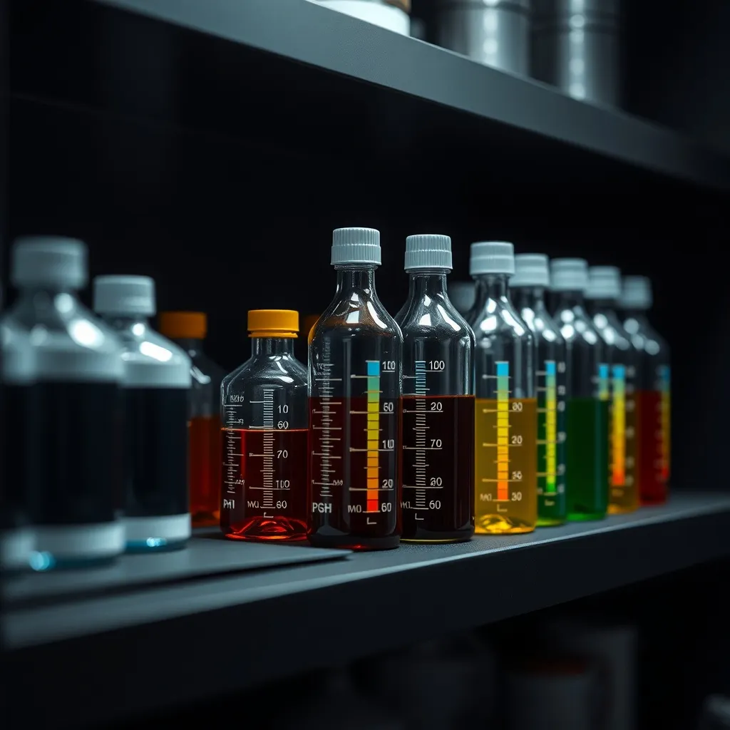 Professional detailing chemical bottles lined up on a shelf,