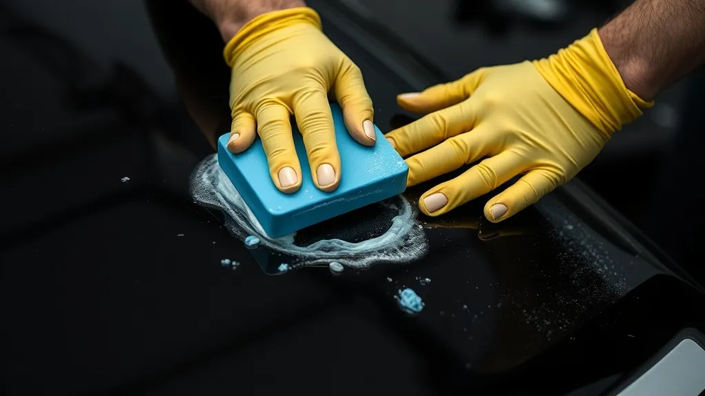 Close up of a professional detailer hand using a blue clay b