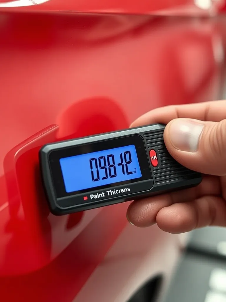 Electronic paint thickness gauge measuring a car panel, digi
