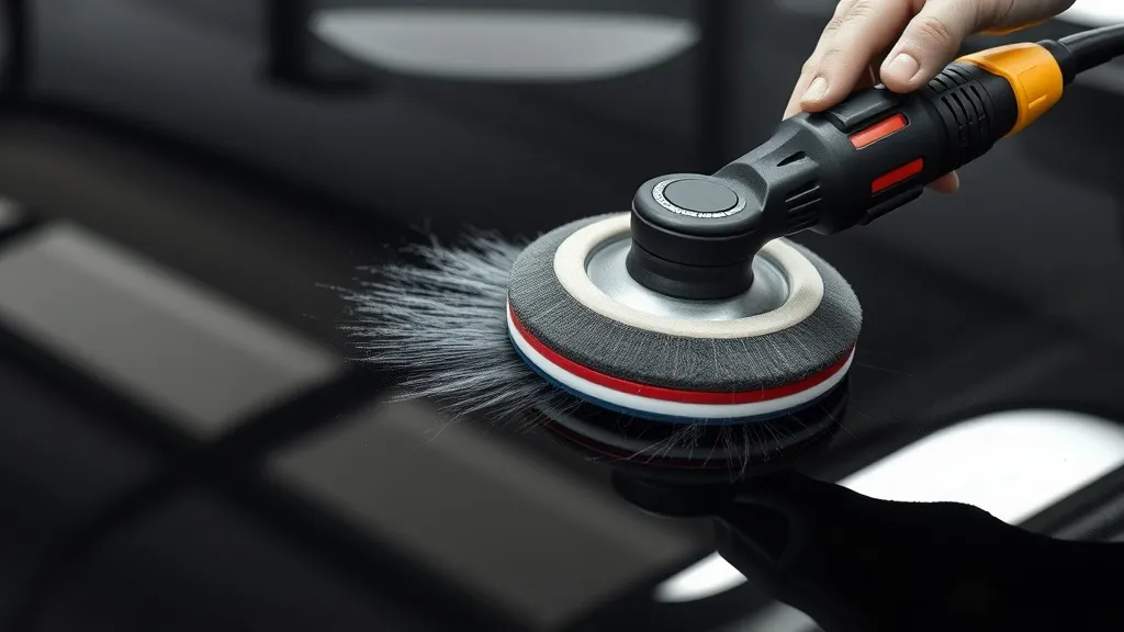 Close-up of a professional car polisher tool working on a bl